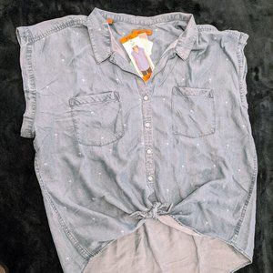 JACHS Girlfriend Tops - JACHS Girlfriend Chambray Palm Print Shirt - XXL JACHS Girlfriend Tops - JACHS Girlfriend Chambray Palm Print Shirt - XXL